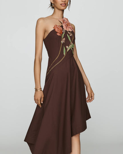 fp2-color:029|Yukiko Noritake Women's Asymmetric Floral Midi Dress — Brown Pattern — 4