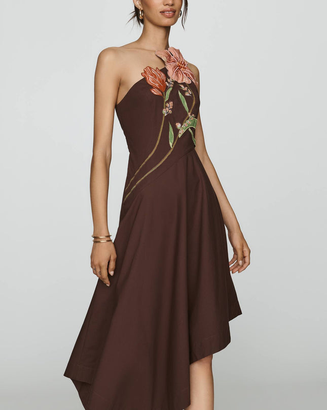 fp2-color:029|Yukiko Noritake Women's Asymmetric Floral Midi Dress — Brown Pattern — 4