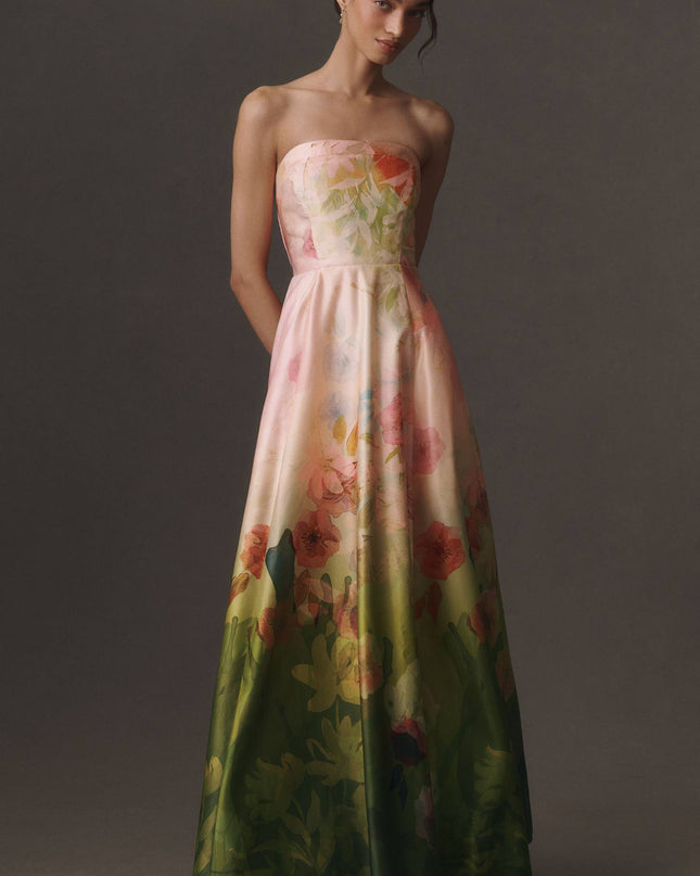 fp2-color:525|BHLDN Kira Women's Strapless Satin Maxi Dress — Green Floral — 1