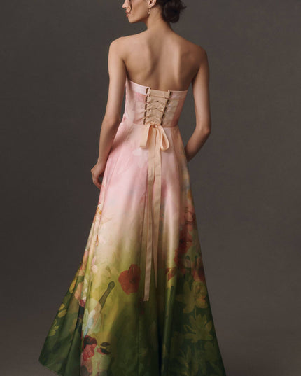 fp2-color:525|BHLDN Kira Women's Strapless Satin Maxi Dress — Green Floral — 2