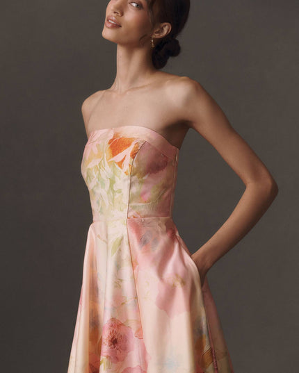 fp2-color:525|BHLDN Kira Women's Strapless Satin Maxi Dress — Green Floral — 3